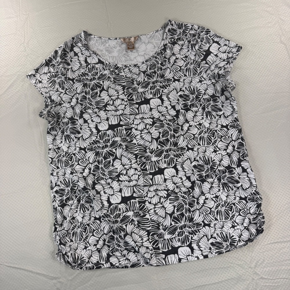 White Stag Womens Top Large 12-14 Black White Floral Rhinestone Short Sleeve